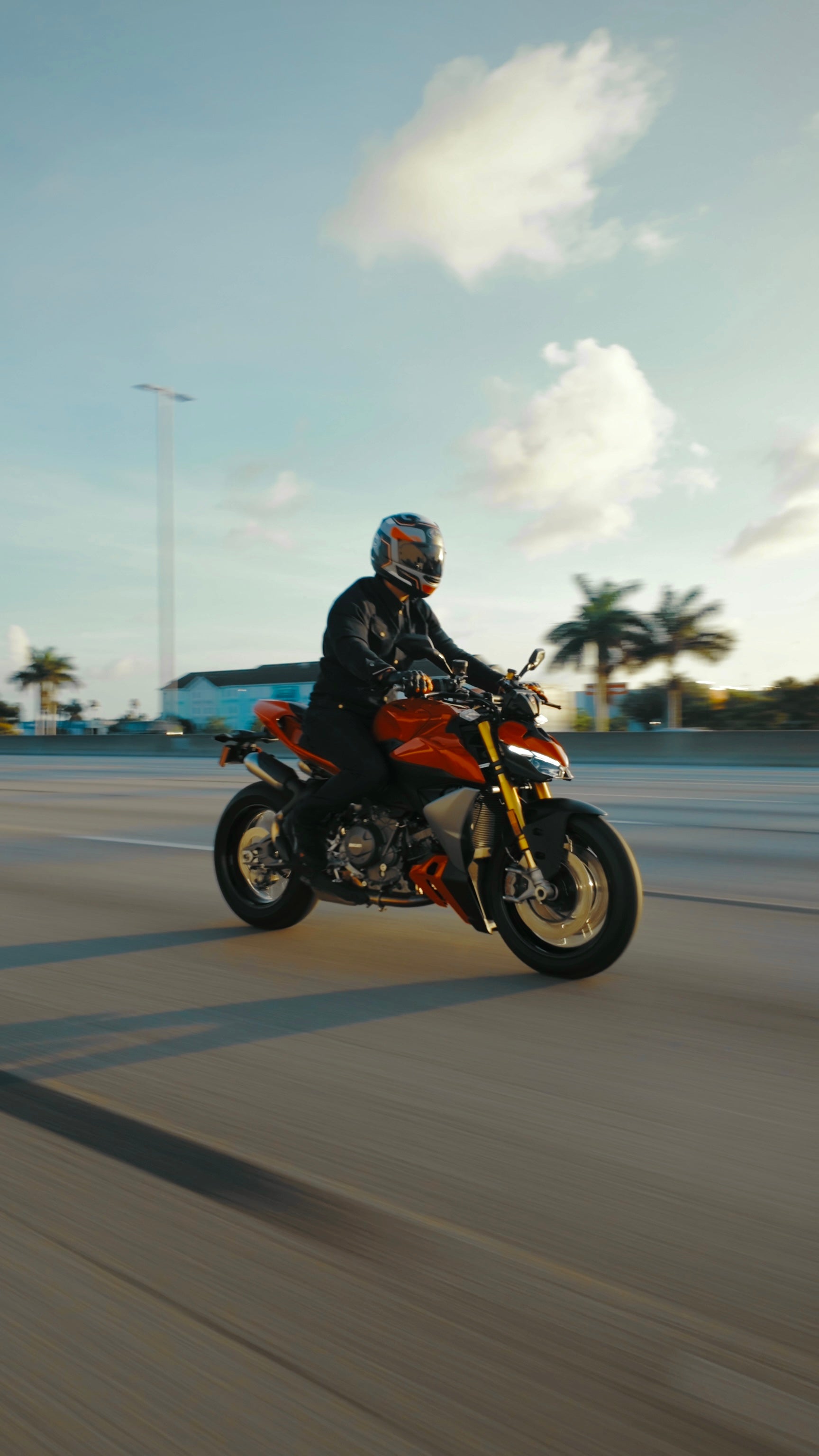 Person riding a motorcycle on a road with palm trees in the background
